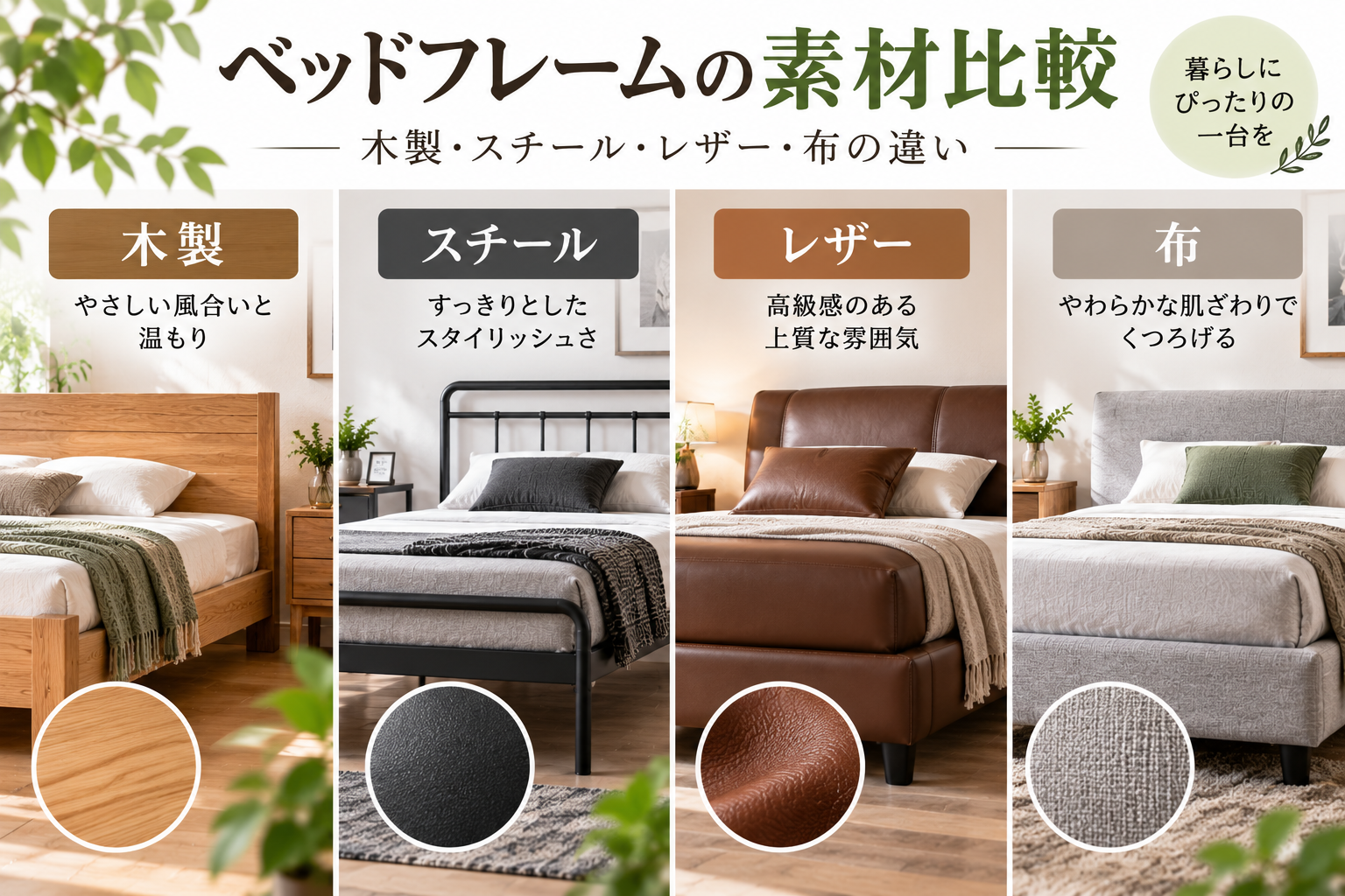 ッドフレームの素材比較｜木製・スチール・レザー・布の違いのアイキャッチ画像も作って