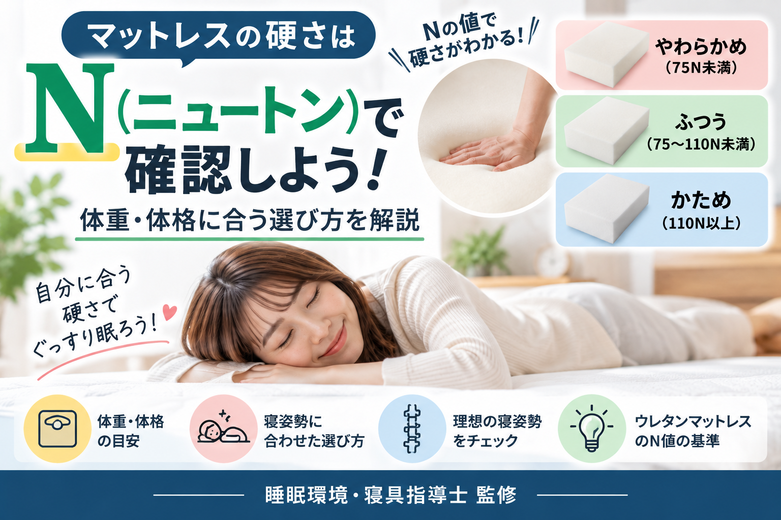マットレスの硬さはN（ニュートン）で確認｜体重・体格に合う選び方を解説
