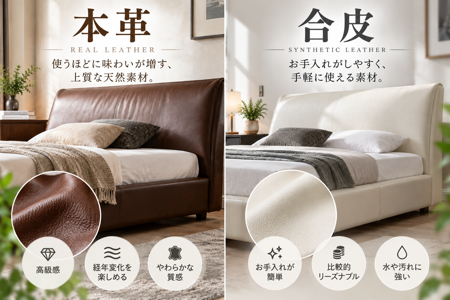 本革と合皮のベッド
