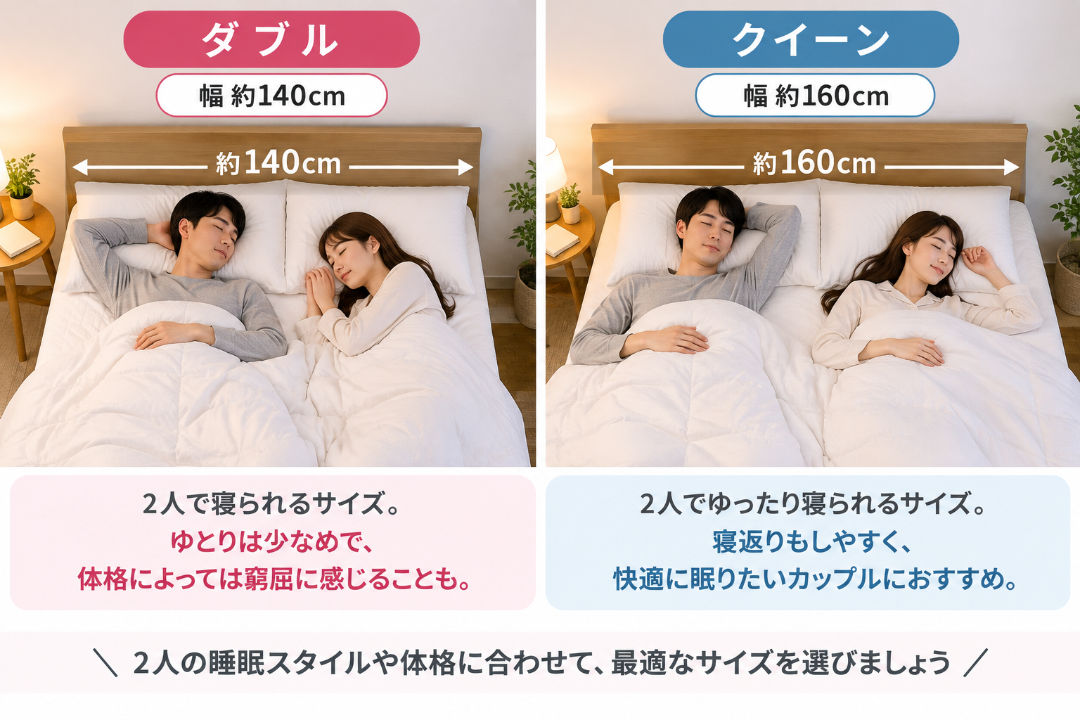 ダブルとクイーンの寝心地比較