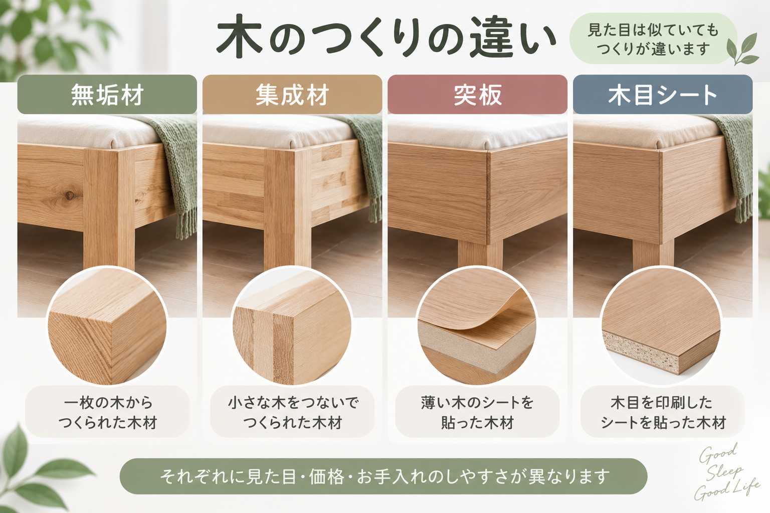 無垢材・集成材・突板・木目シートの違い