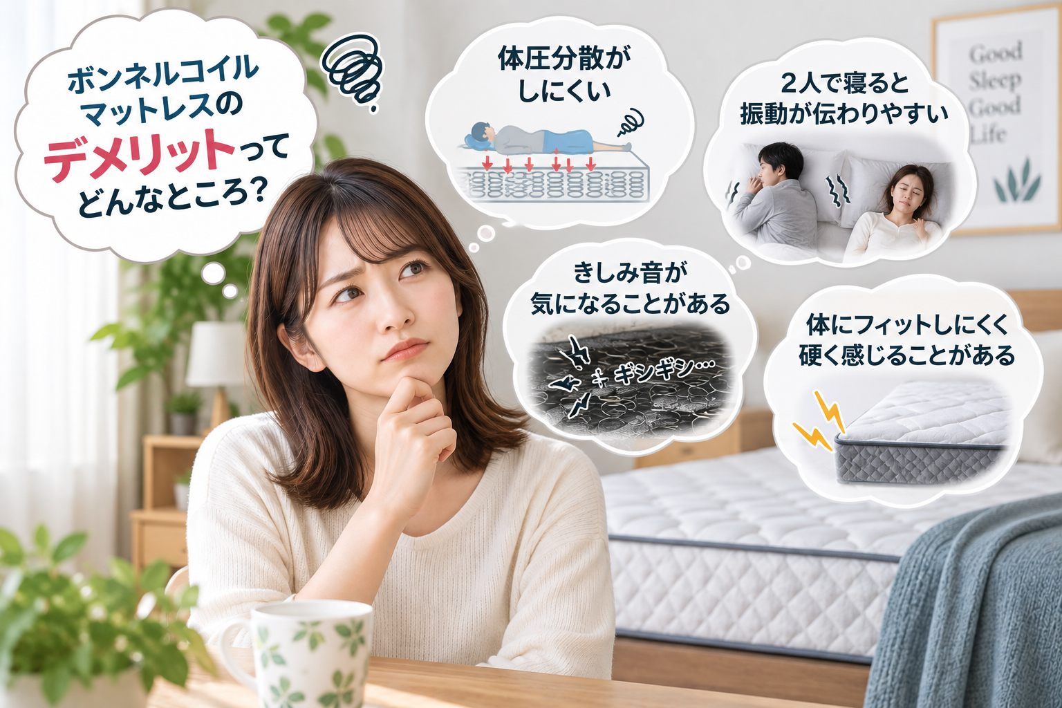 ボンネルコイルマットレスのデメリットを考えている女性