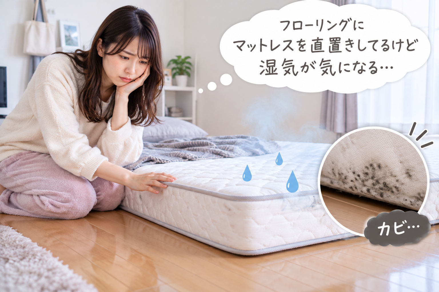 フローリングの部屋にマットレスを直置きして、湿気が気になっている女性