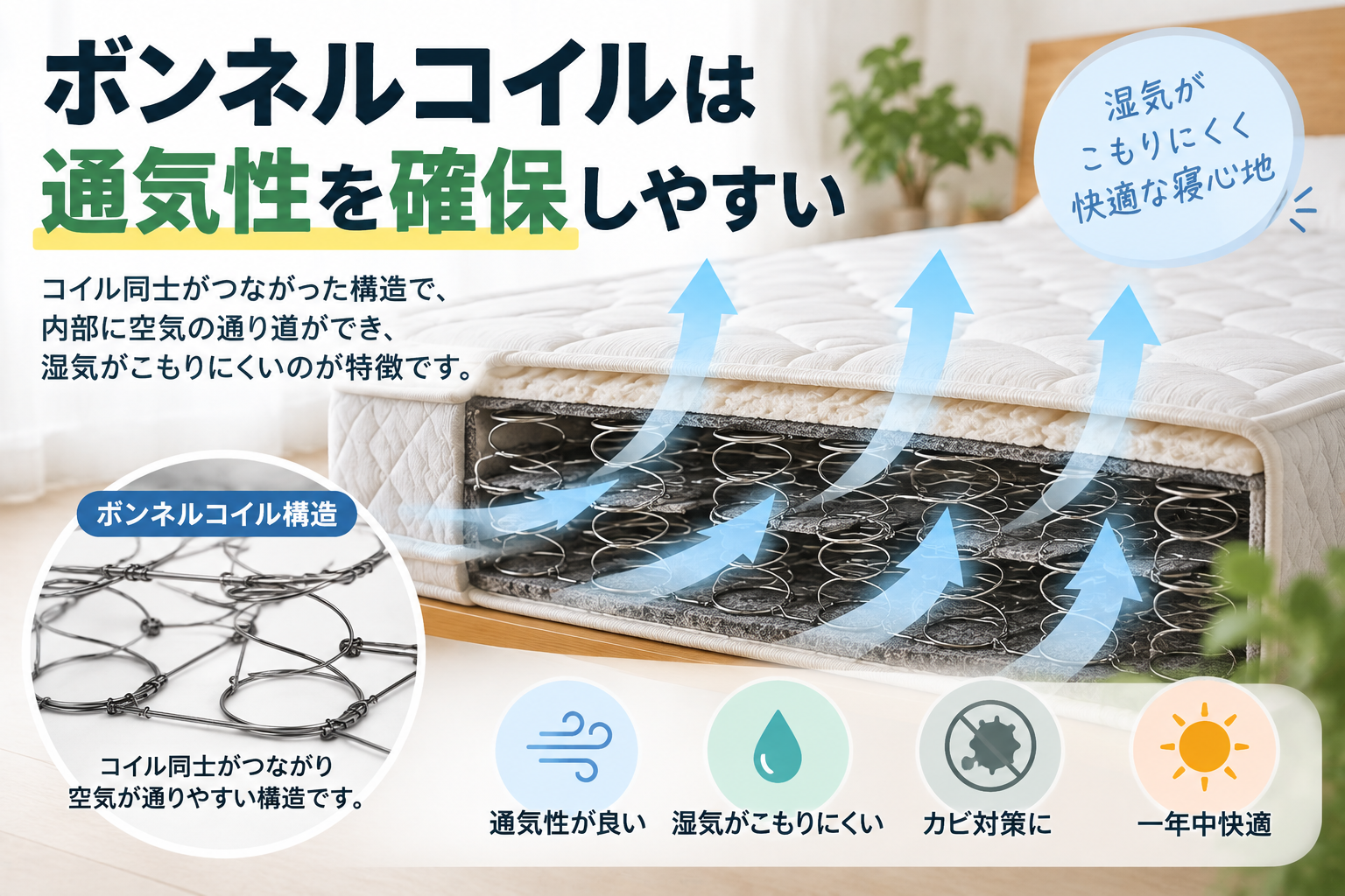 ボンネルコイルは通気性を確保しやすい