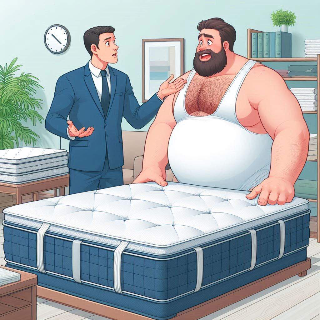 体重が重たい男性が、高反発マットレスを選んでいる