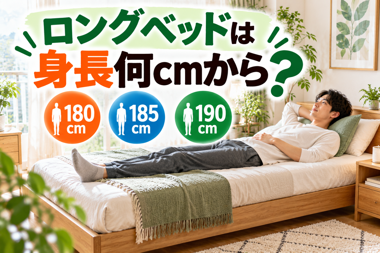 高身長の男性がロングベッドの長さを確認している様子
