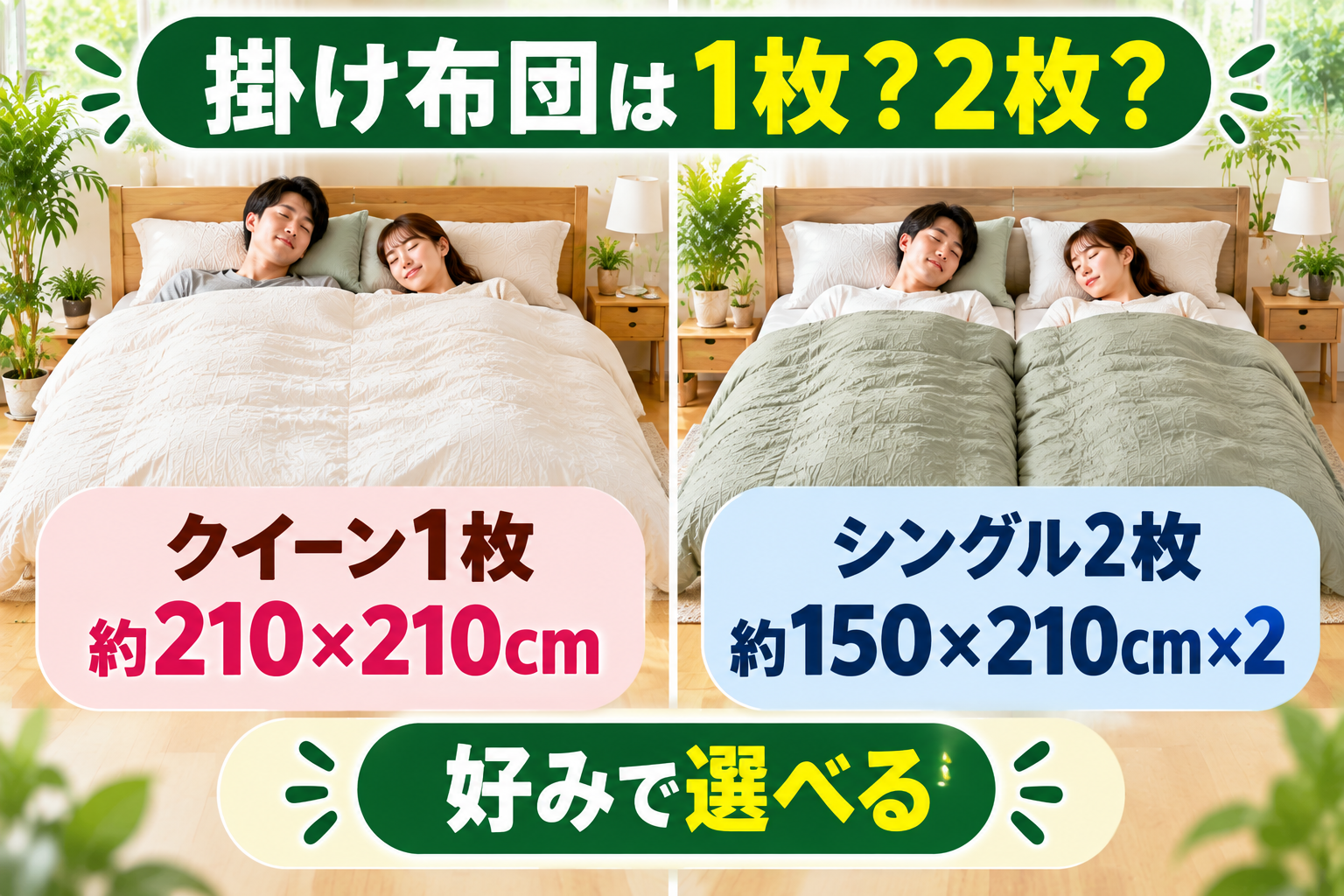 クイーンベッドでクイーン掛け布団1枚とシングル掛け布団2枚を比較