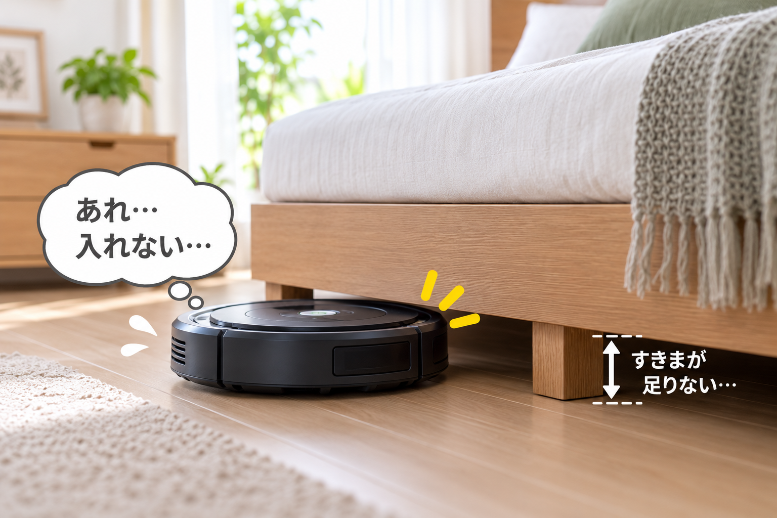 ルンバがベッド下を掃除しようとするが、ベッドの脚が短すぎて入れない