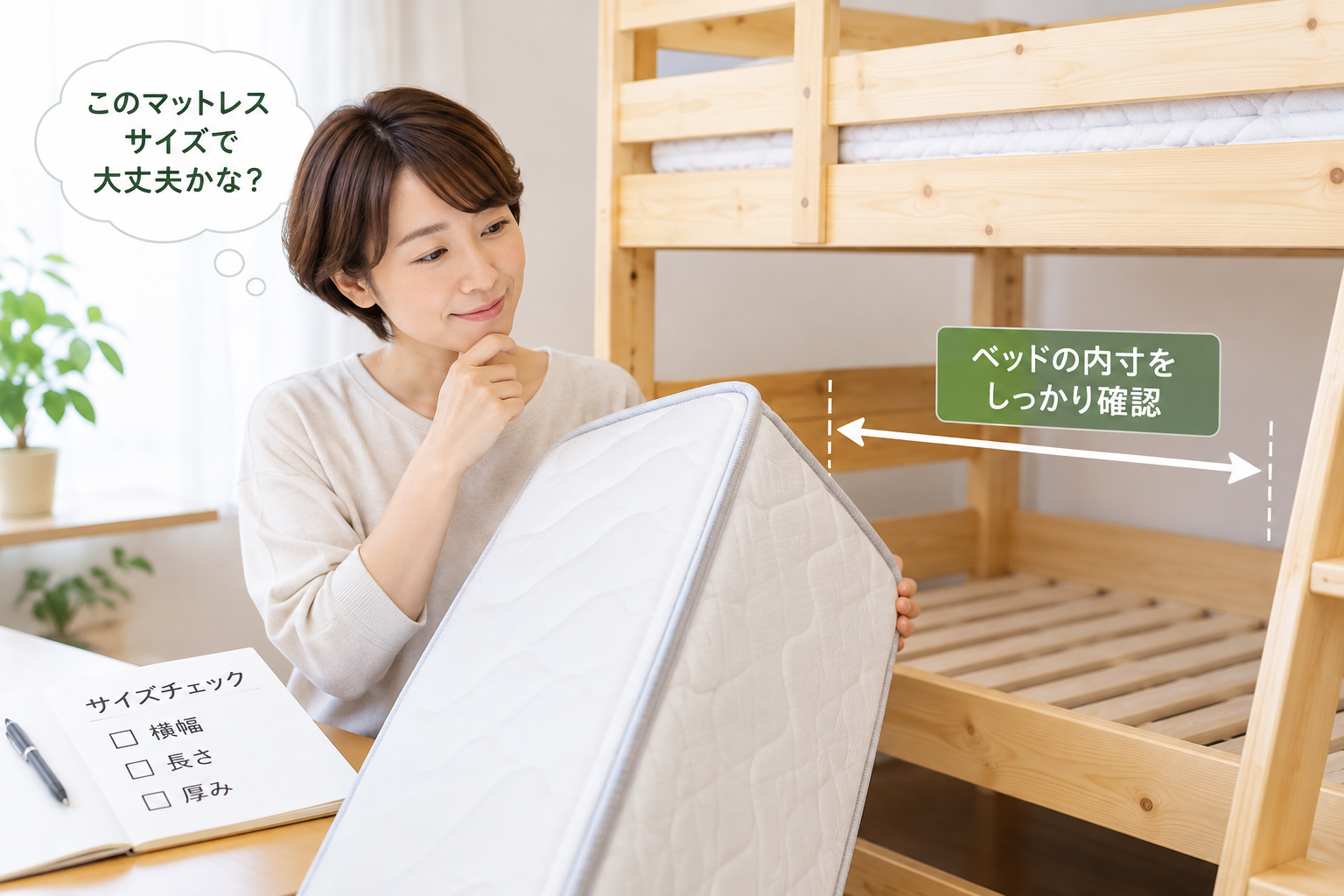 二段ベッドの内寸に合ったマットレスを購入しようとしている女性