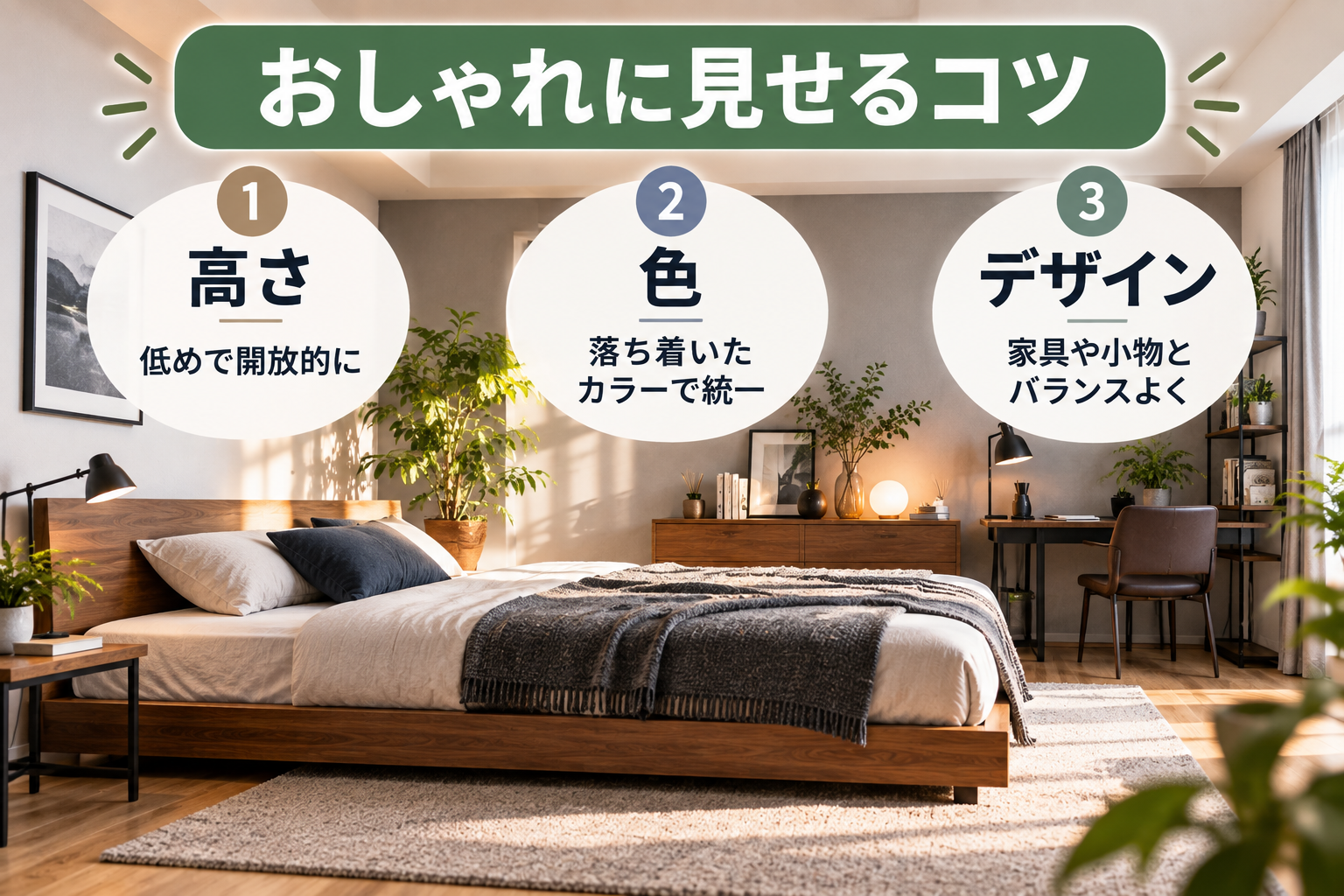 ベッドの高さ・色・デザインをそろえたおしゃれな男性の寝室