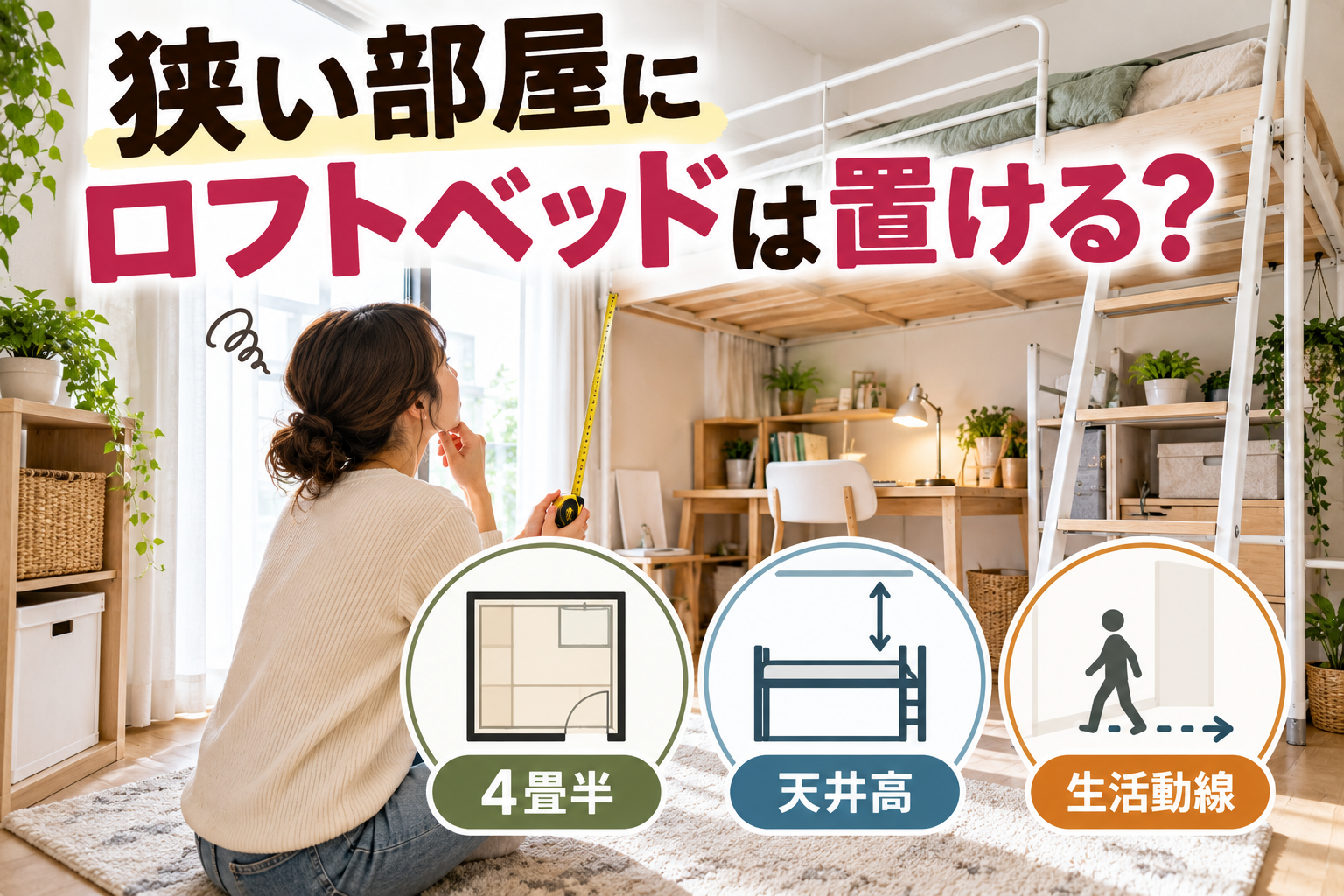 狭い部屋にロフトベッドを置けるか寸法を確認する人