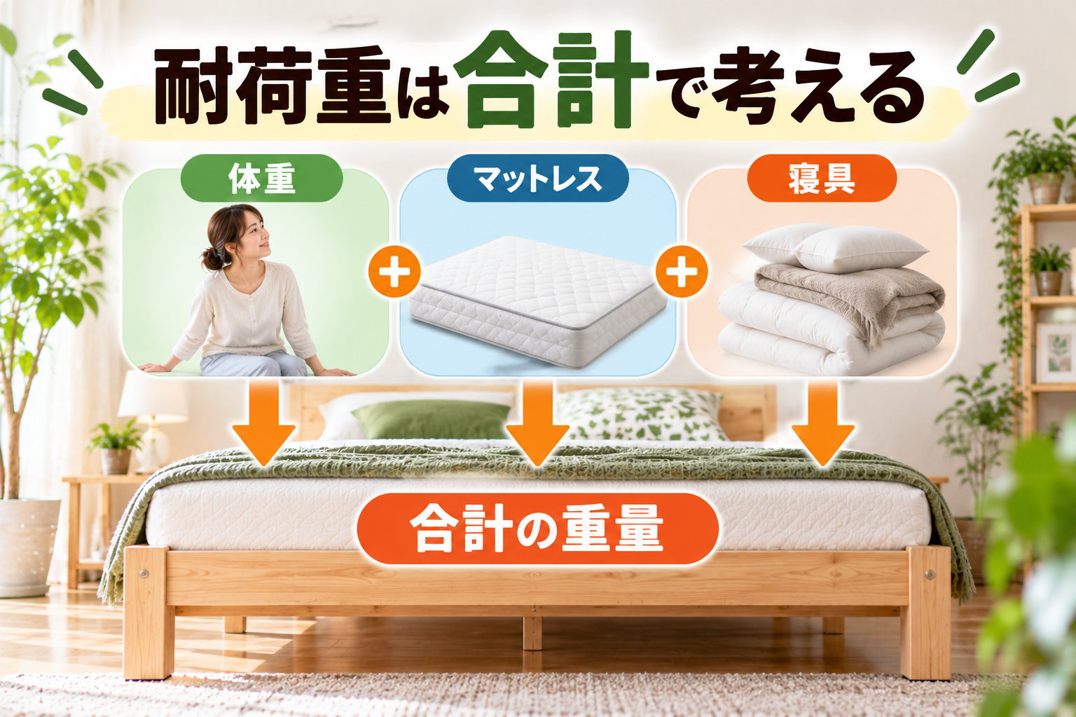 ベッドの耐荷重を体重・マットレス・寝具の合計重量から考える図