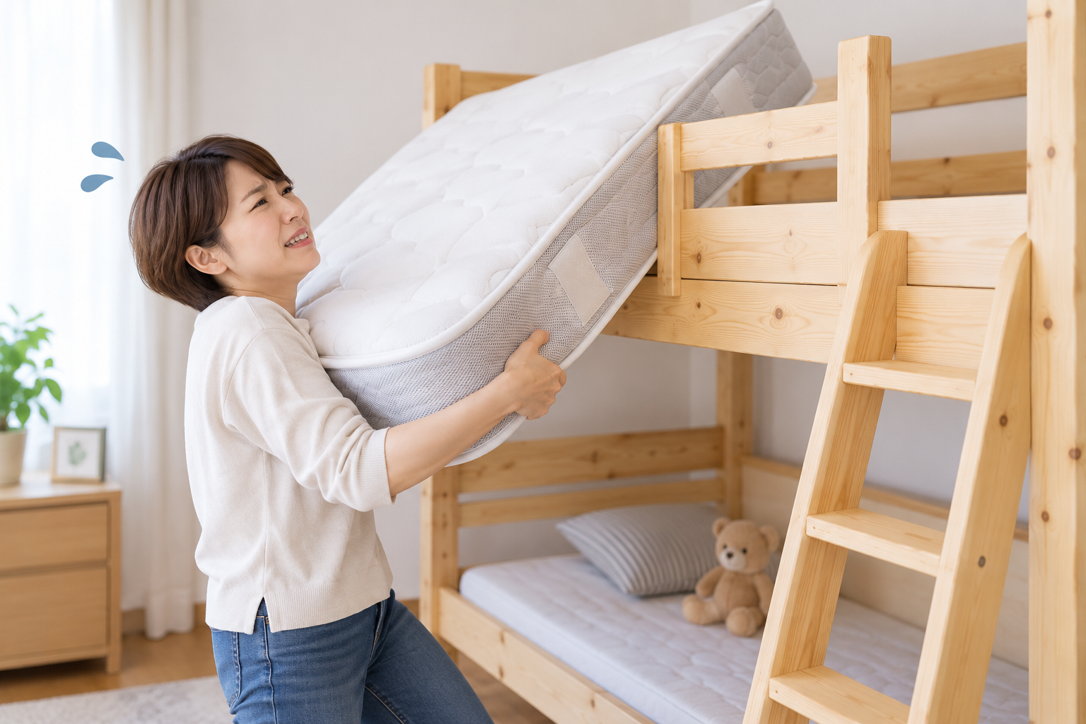 二段ベッドの上段にマットレスを敷こうとしているが重くて上がらない