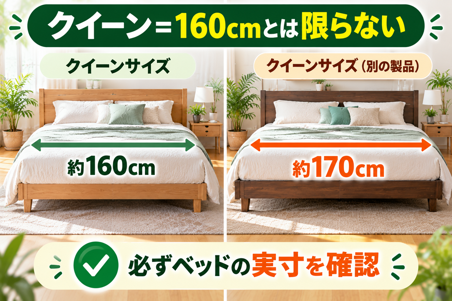 クイーンベッドはメーカーによって160cmや170cmなど幅が異なることを示す比較図