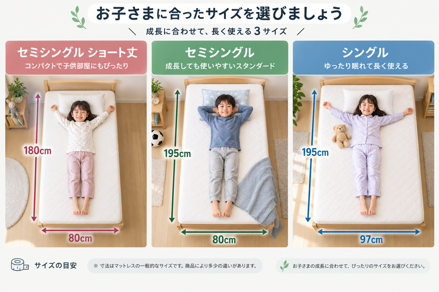 セミシングルショート丈、セミシングル、シングル 寸法が入った画像に小学生が横になっている