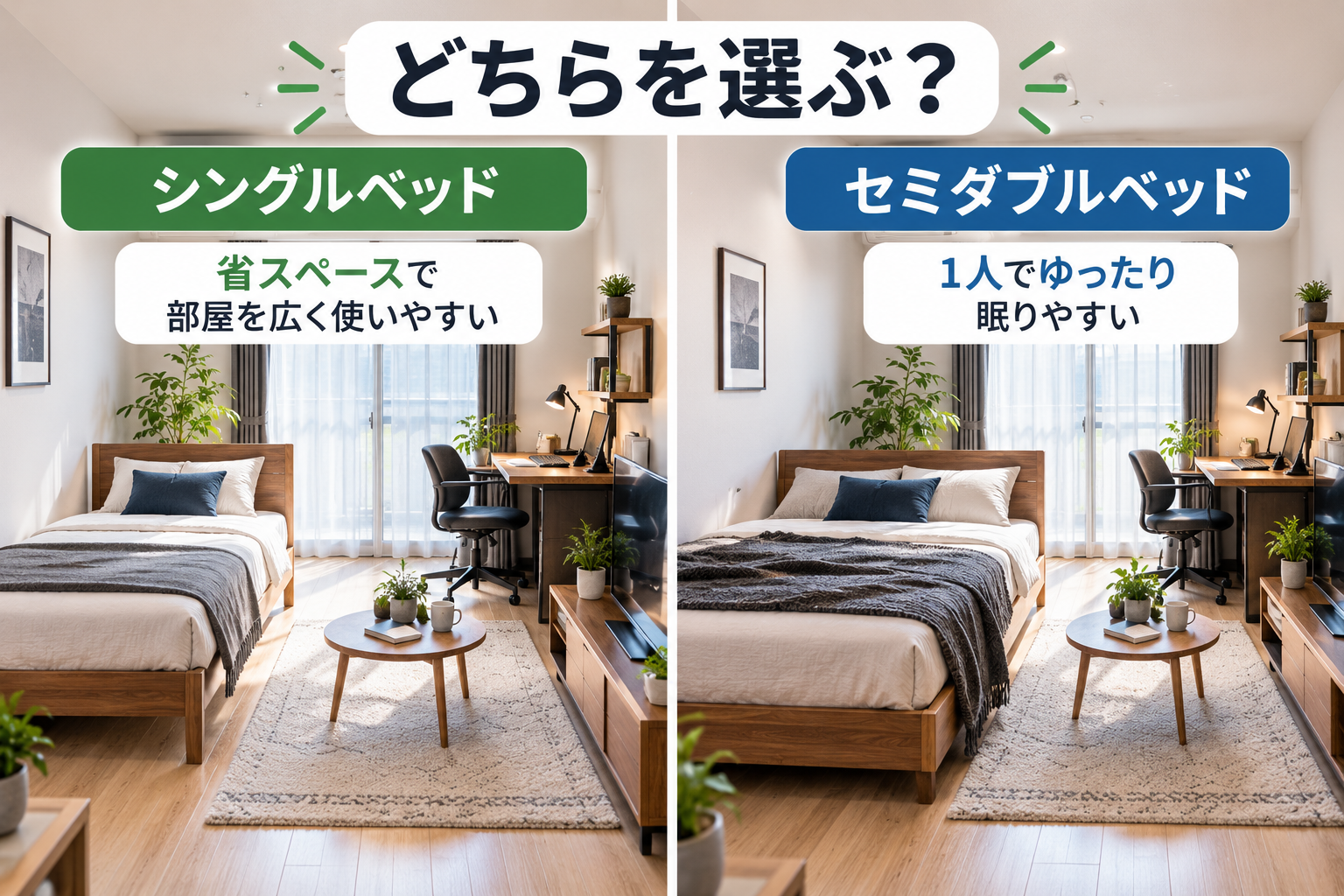 男性の一人暮らしでシングルとセミダブルのベッドサイズを比較した図