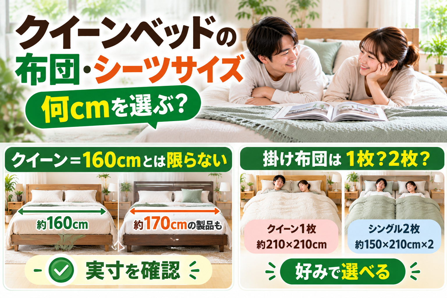 クイーンベッドの布団とシーツのサイズを確認する夫婦