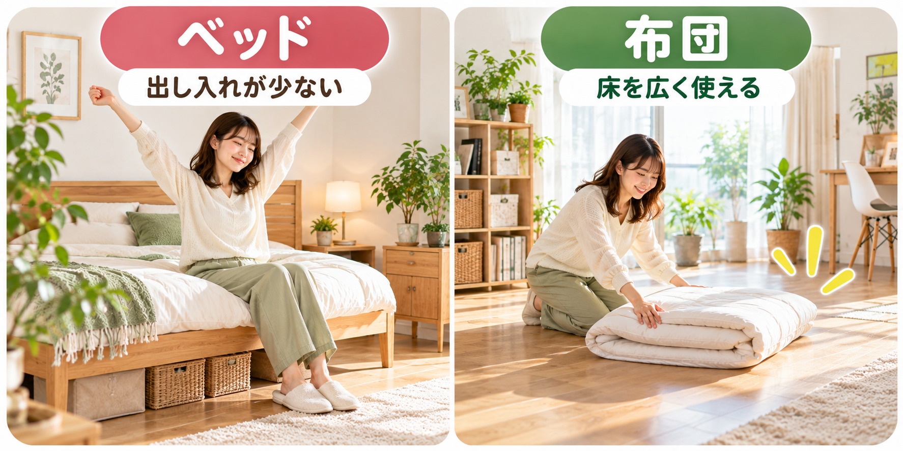 ベッドと布団を毎日の使いやすさで比較する女性