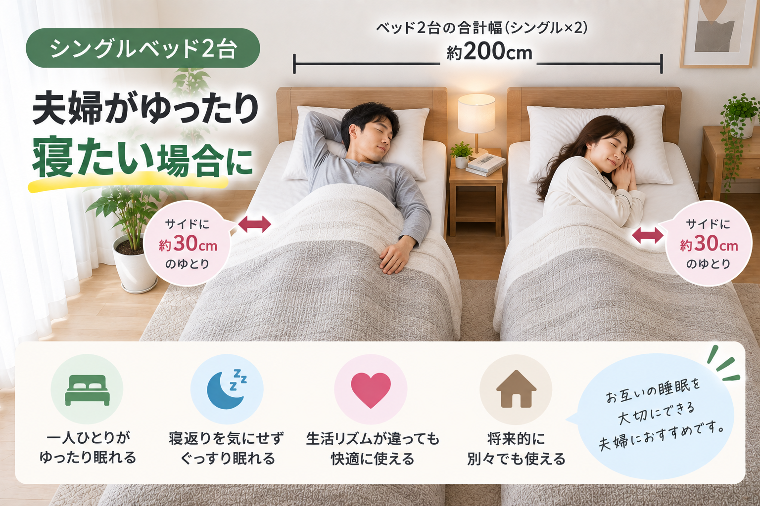 夫婦でゆったり眠るシングルベッド2台