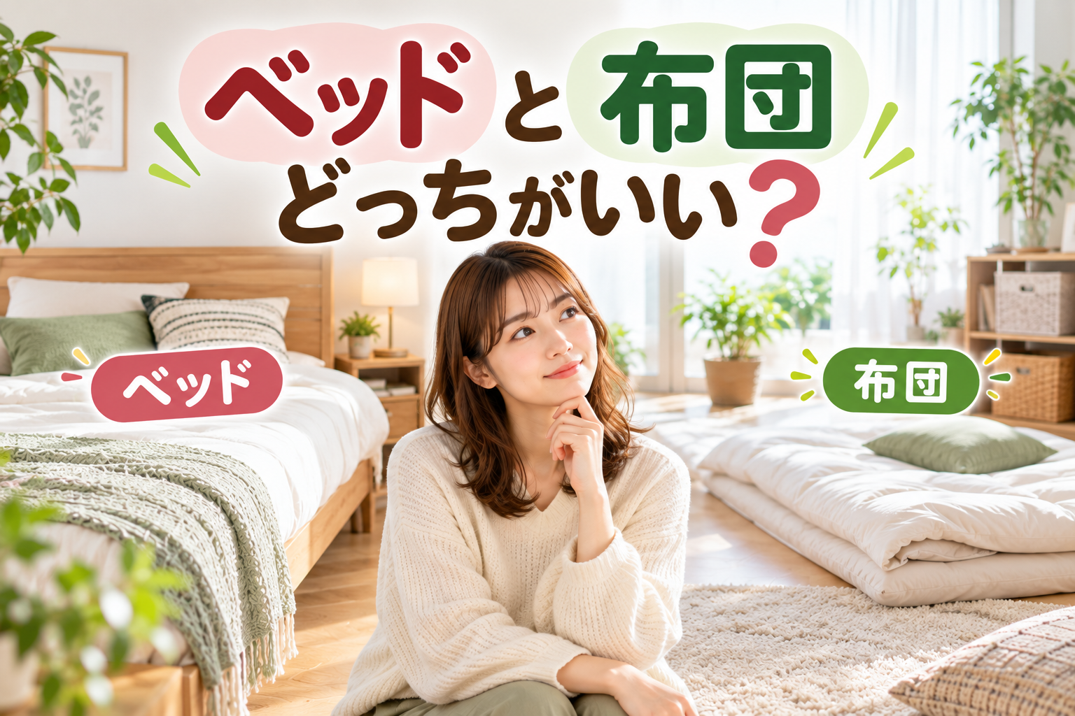 ベッドと布団のどちらにするか比較する女性
