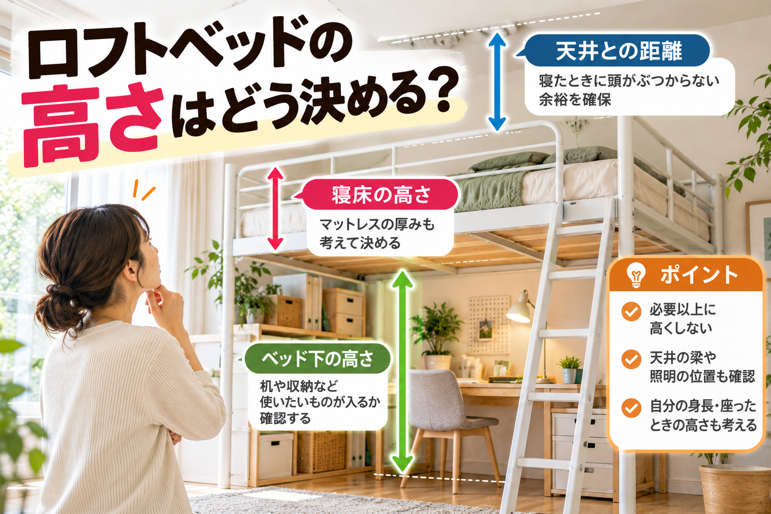 ロフトベッドの寝床から天井までの距離とベッド下の高さを確認する図