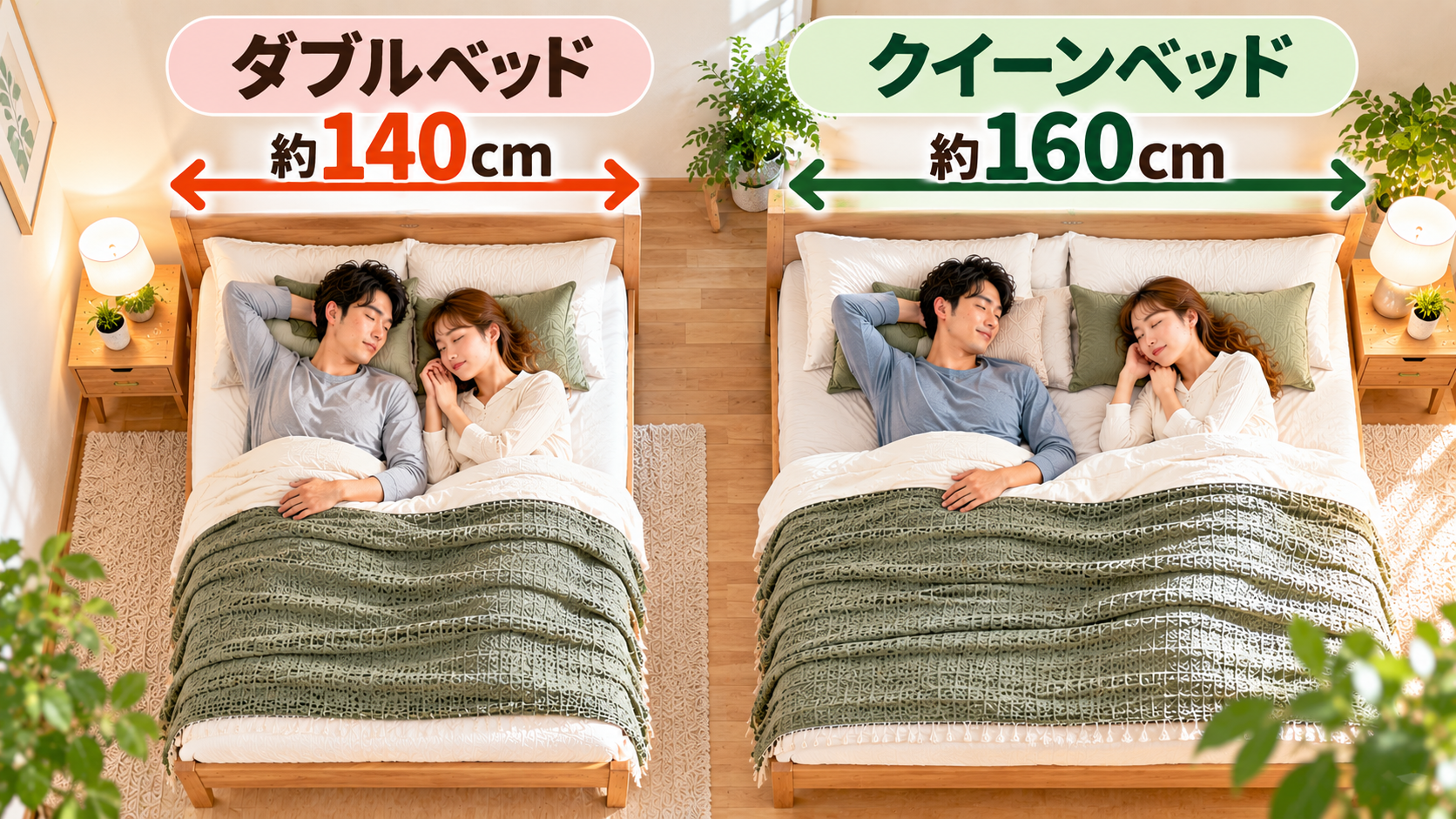 ダブル約140cmとクイーン約160cmに2人で寝たときのサイズ比較