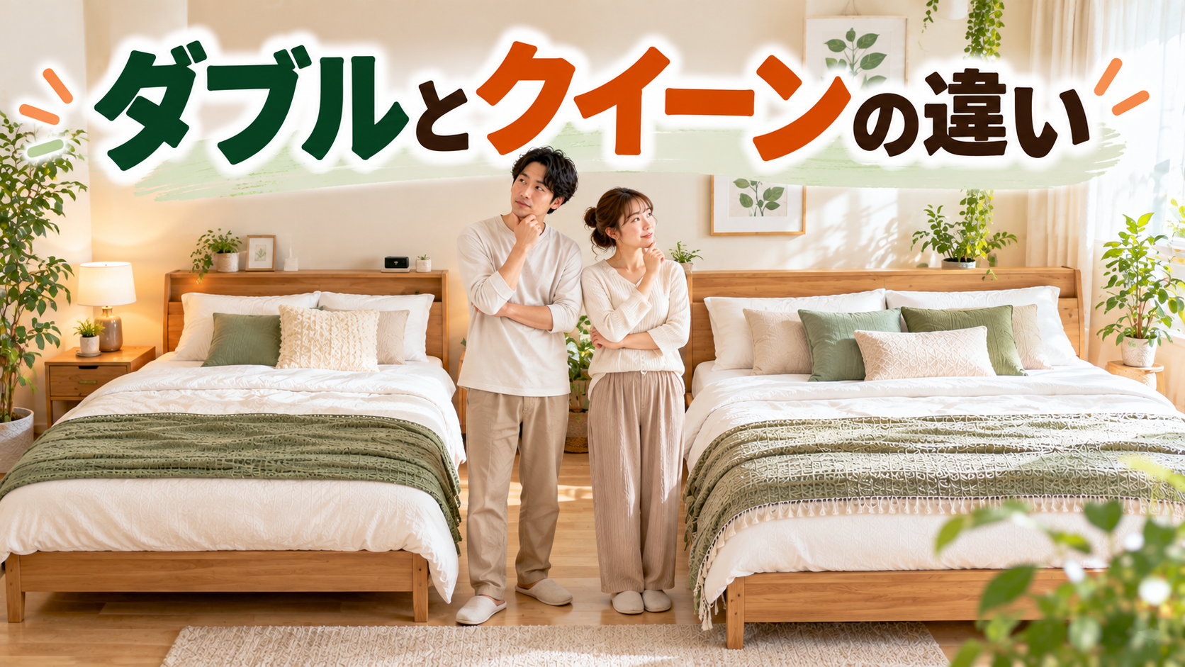 ダブルベッドとクイーンベッドの違いを比較するカップル