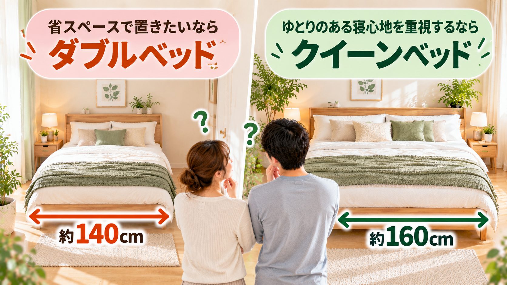 省スペースならダブル、ゆとりならクイーンという選び方の比較