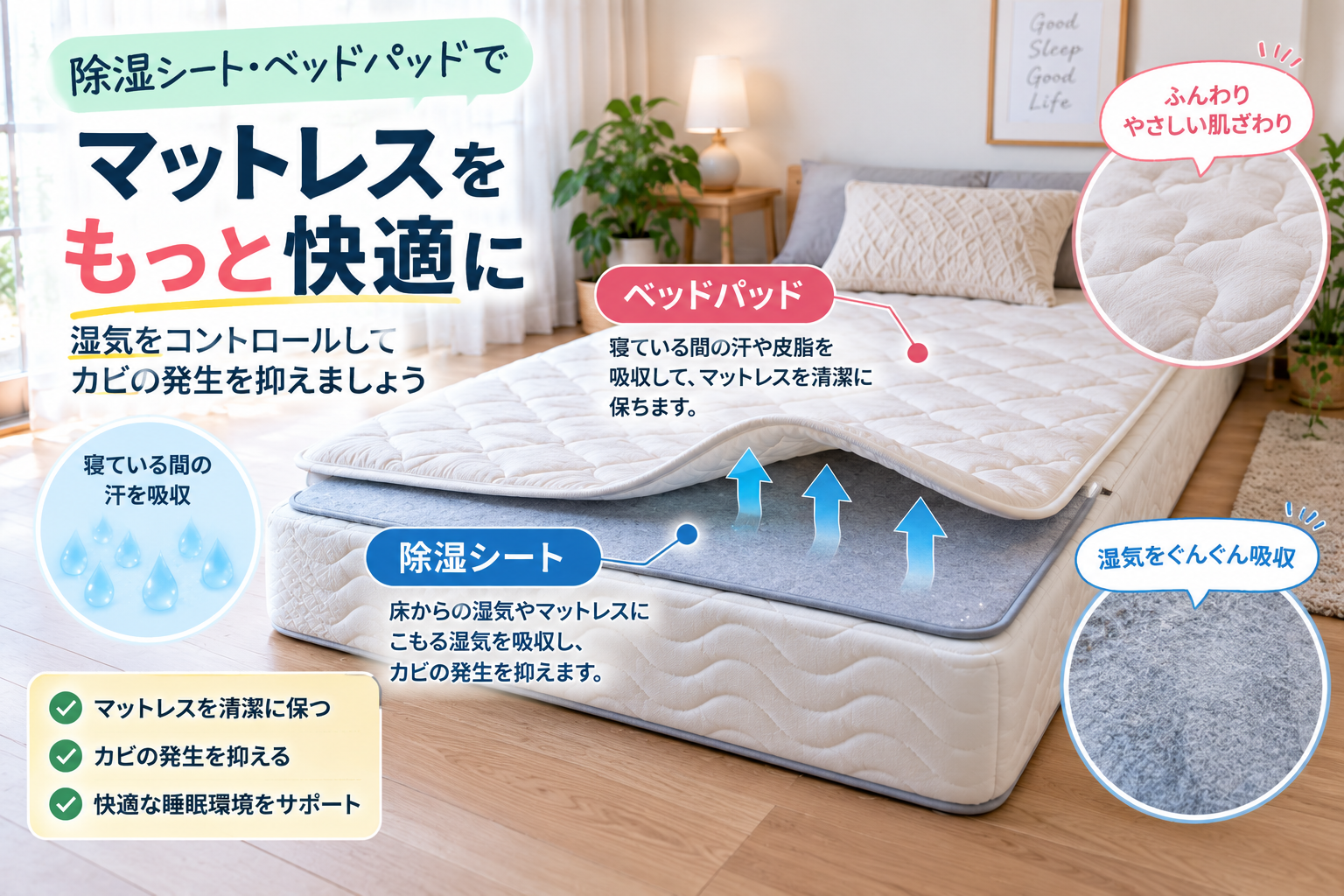 除湿シートとベッドパッドで快適睡眠