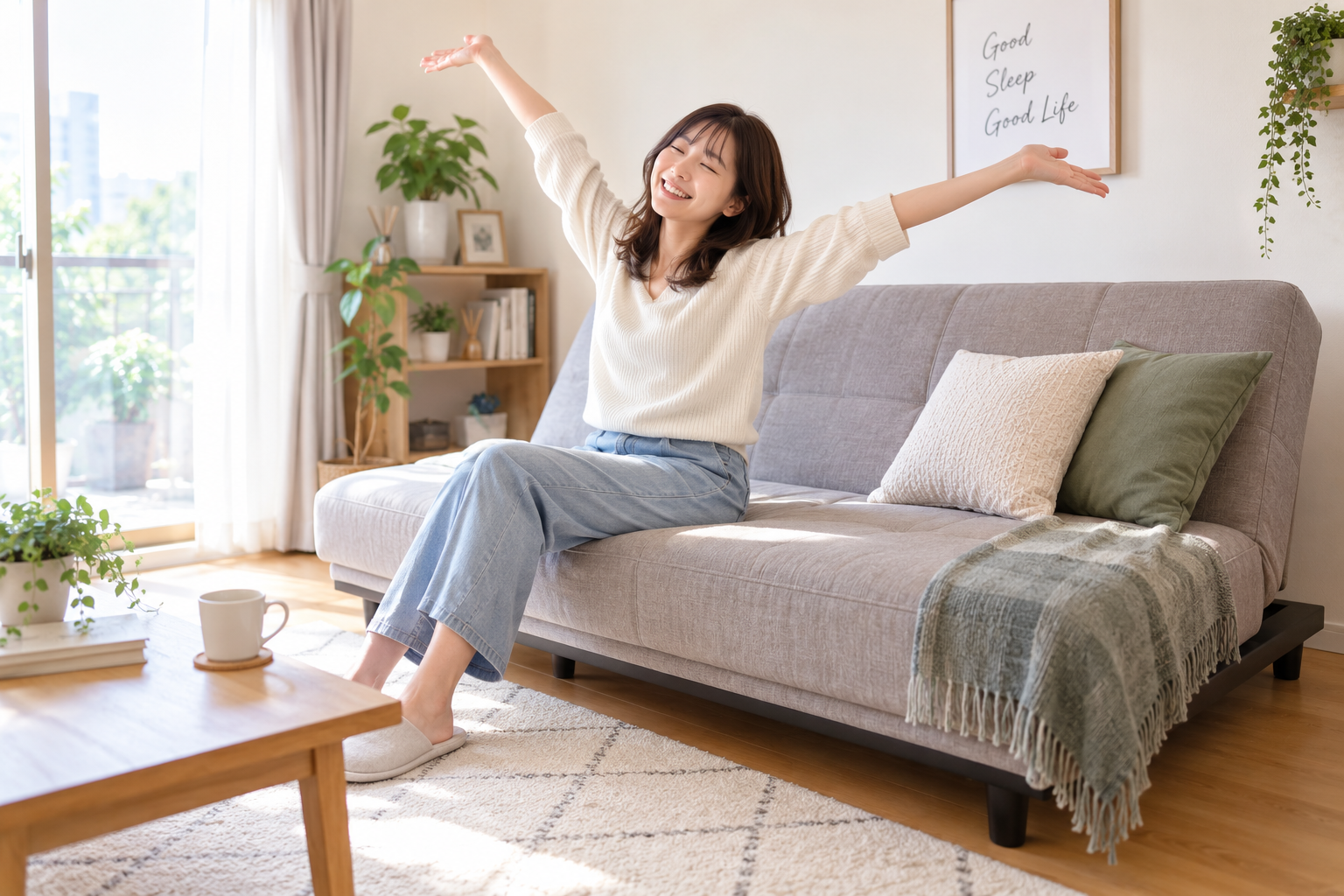 ソファーベッドを置いて喜んでいる