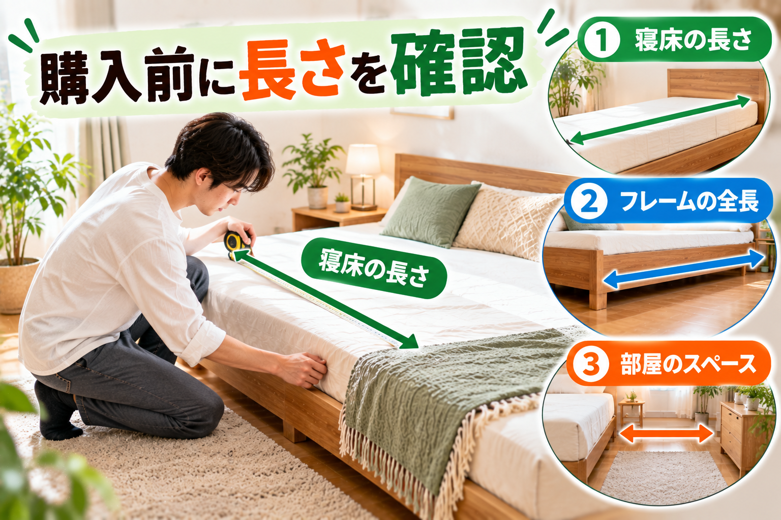 高身長向けロングベッド購入前に寝床・フレーム・部屋の長さを確認する様子