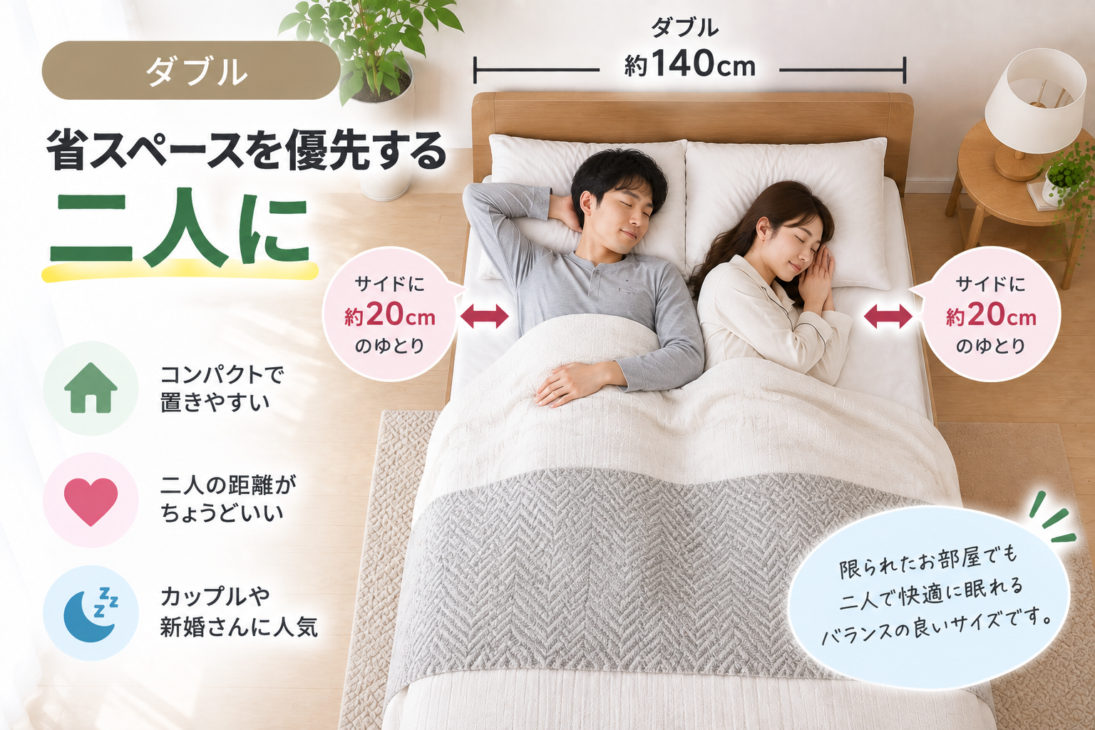 ダブルベッド、二人の快適サイズガイド