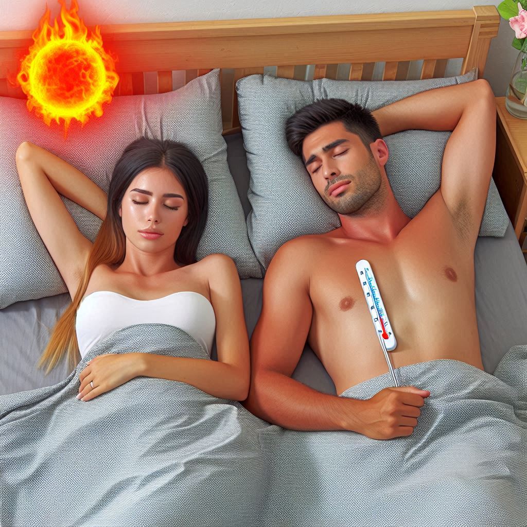 夏に夫婦がお互いの体温で暑そうに寝ている。