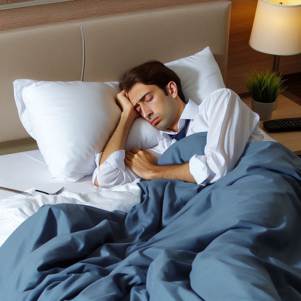 ベッドで寝たが疲れが取れない男性