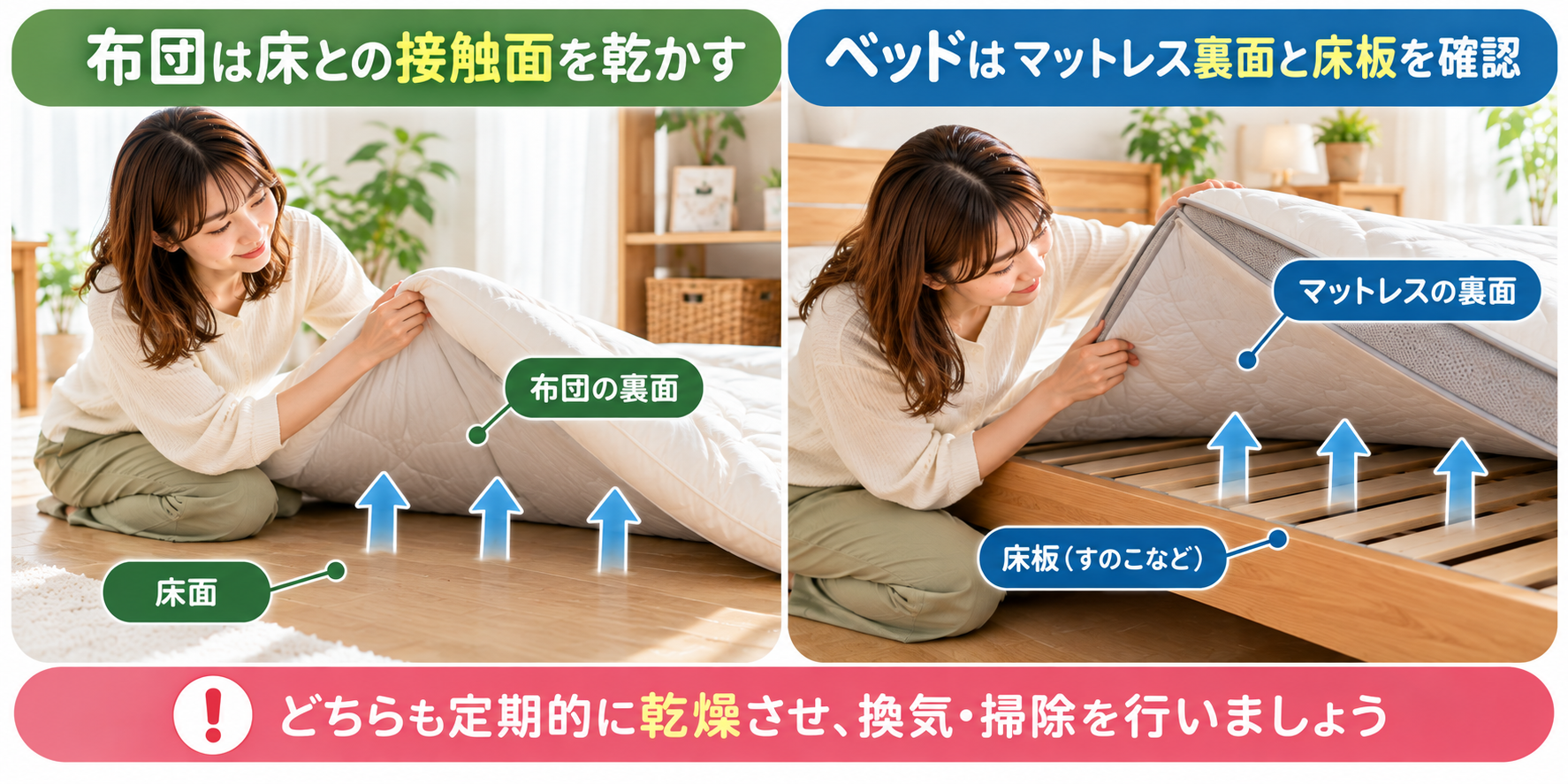 布団の床面とベッドのマットレス裏面を乾燥させる湿気対策
