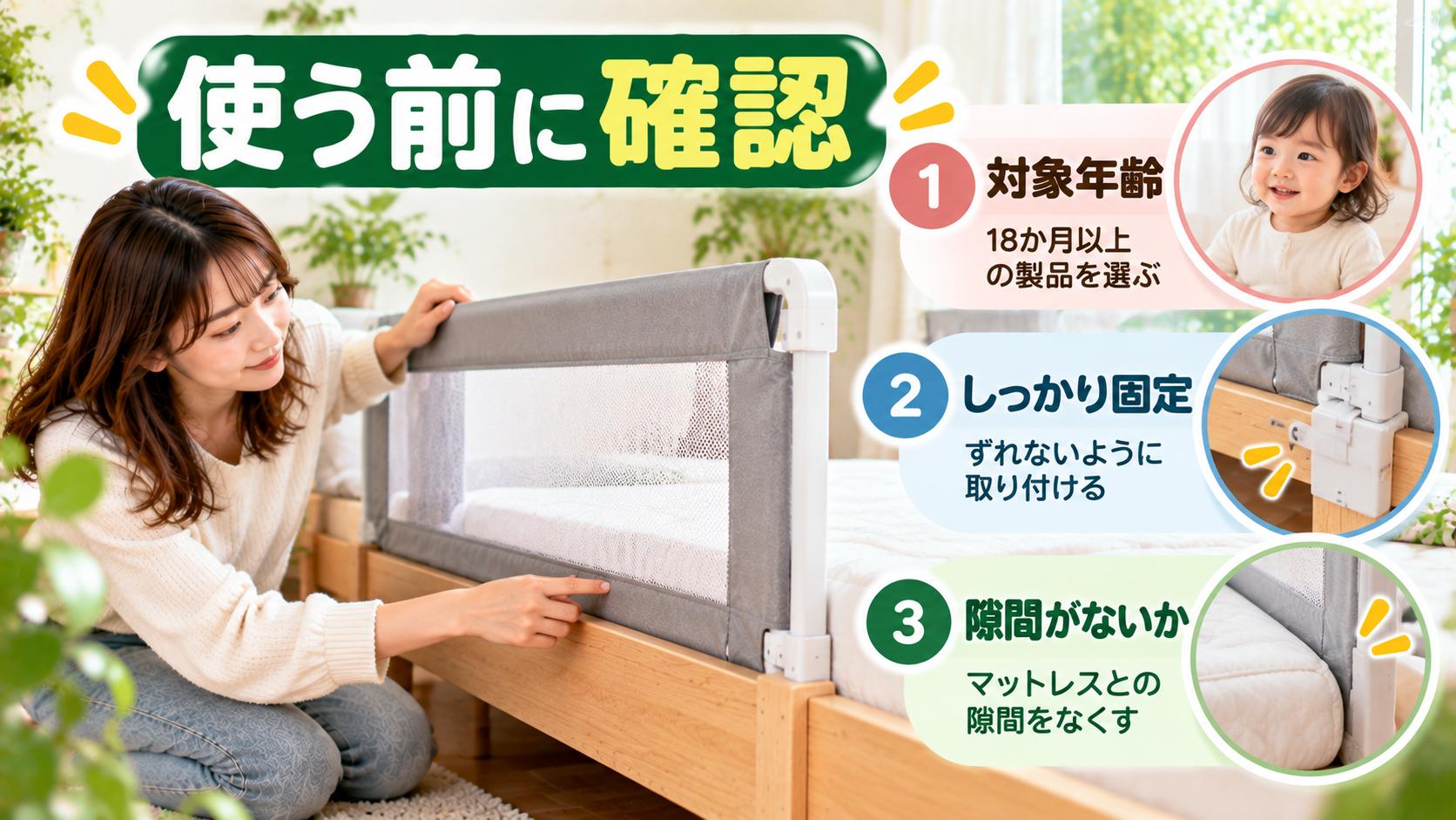 ベッドガード使用前に対象年齢と固定状態と隙間を確認する
