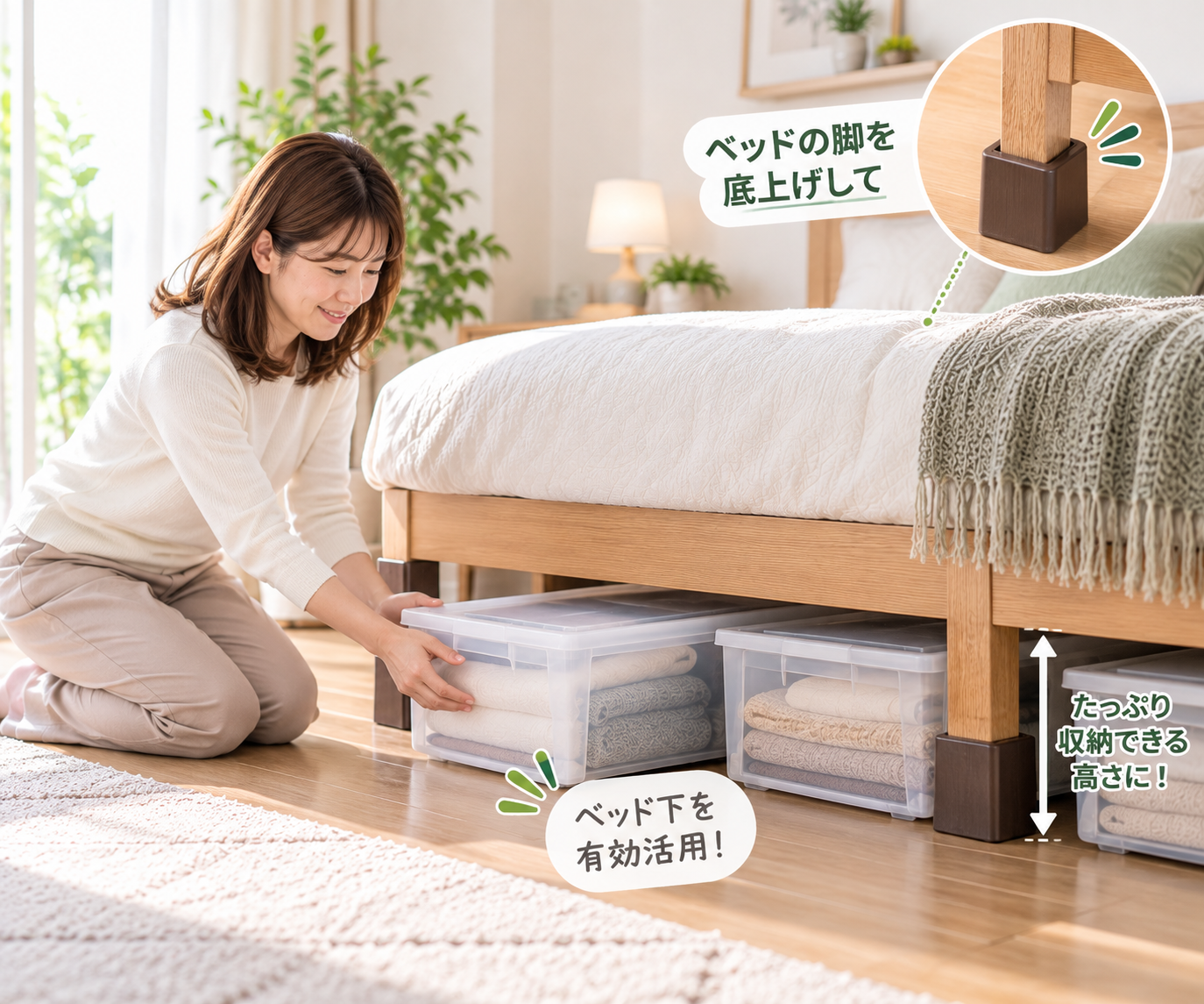 ベッドの脚を底上げして、ベッド下に収納ケースを入れている