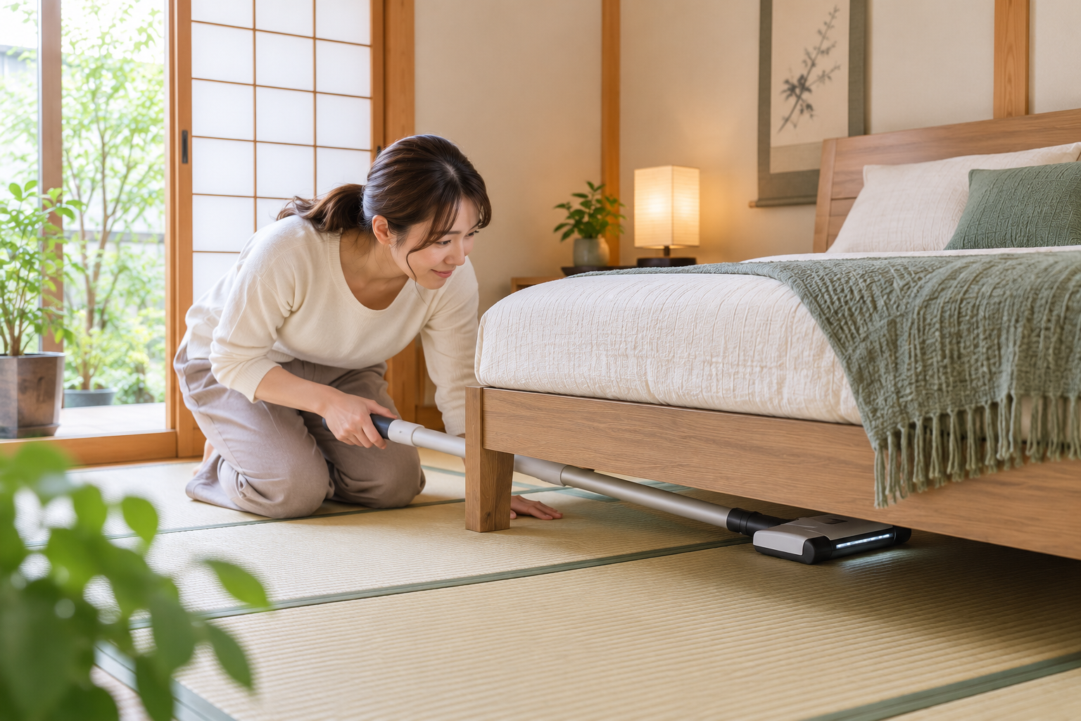 ベッド下の掃除をしている女性