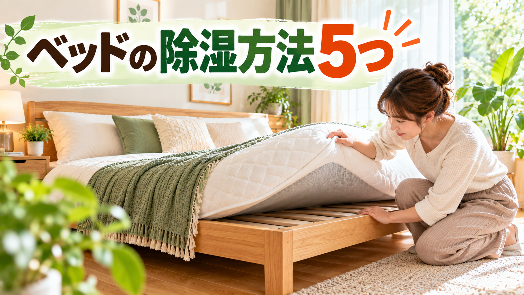 ベッドとマットレスの湿気を確認する女性