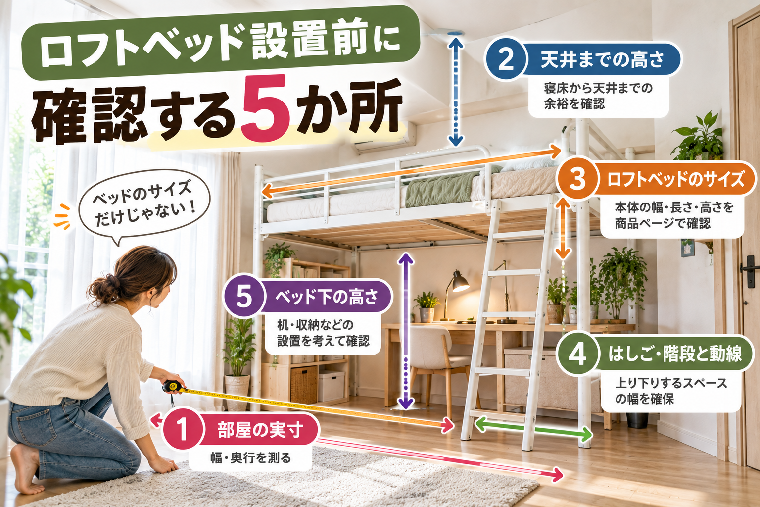狭い部屋にロフトベッドを置く前に確認する部屋の実寸・天井高・生活動線