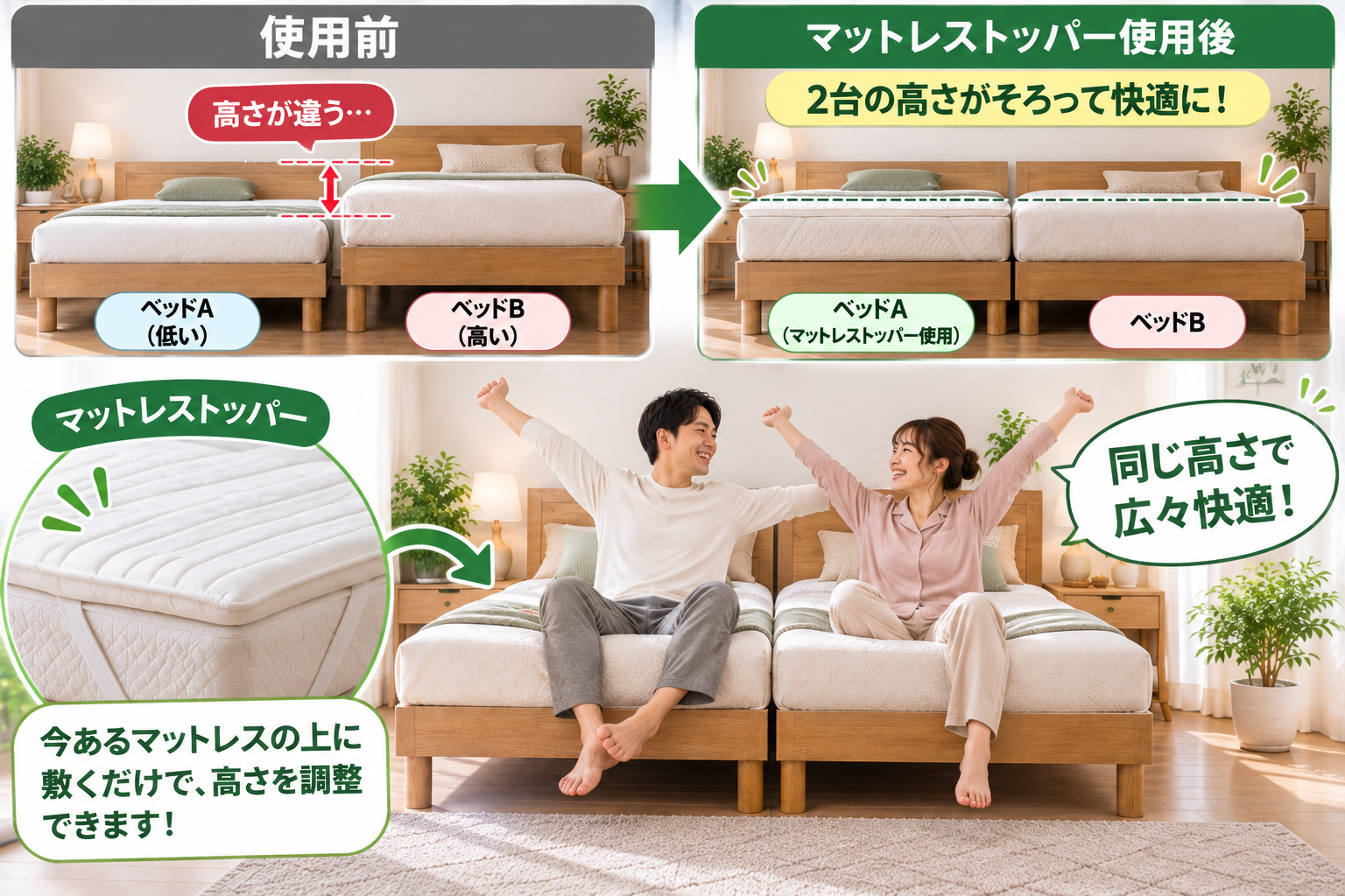 高さが違う並べた二台のベッドの片方にマットレストッパー を敷いて、2台の高さを同じにしている