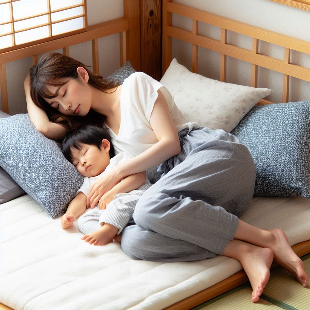 お母さんが布団を敷いて子供と添い寝をしている