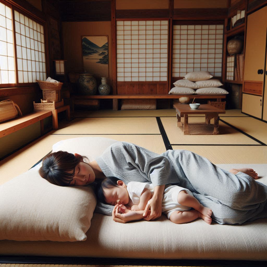 畳の部屋に大きめの布団を敷いて赤ちゃんと添い寝をしている女性