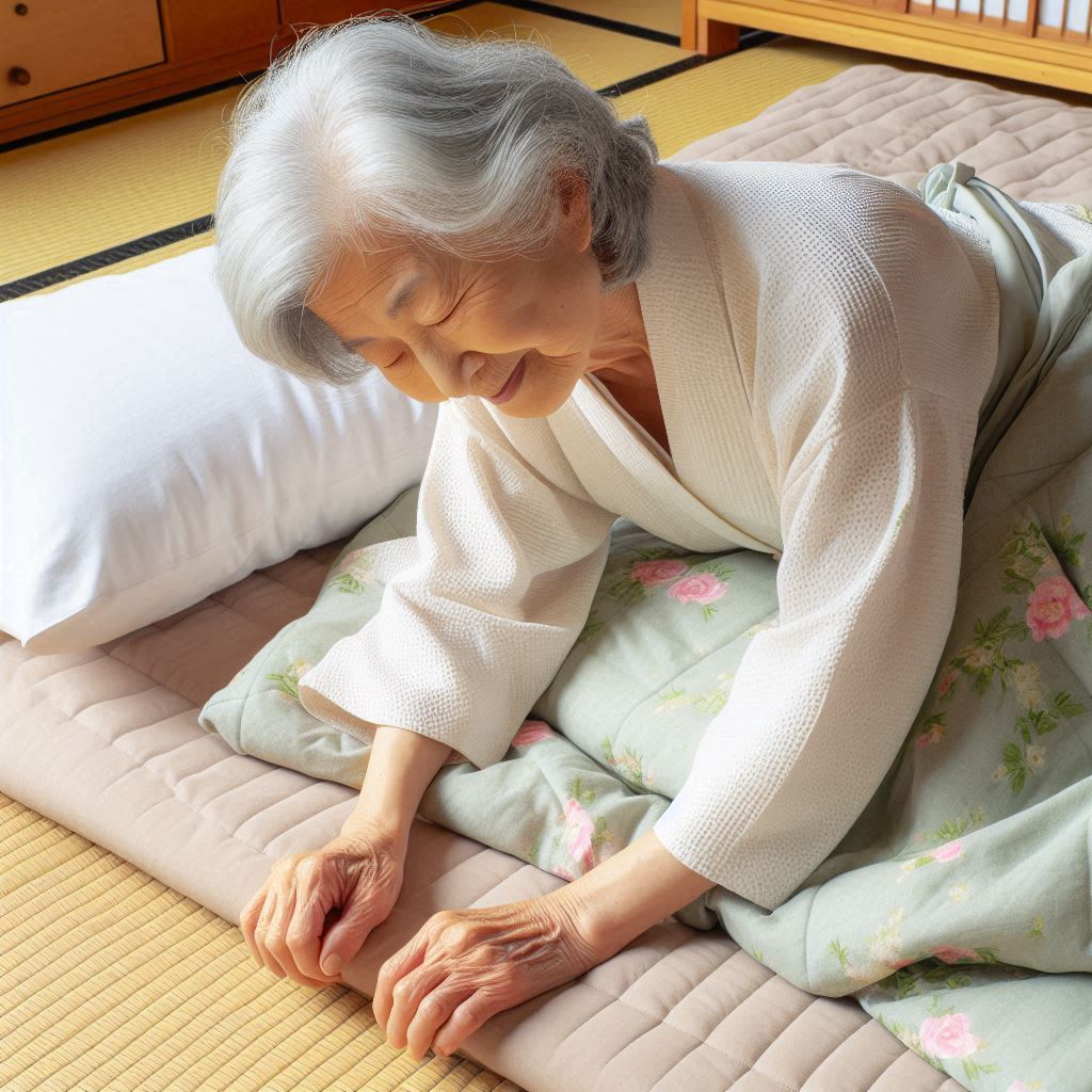 畳の部屋に布団を敷いて寝ていた日本人高齢女性が起き上がろうとしている。