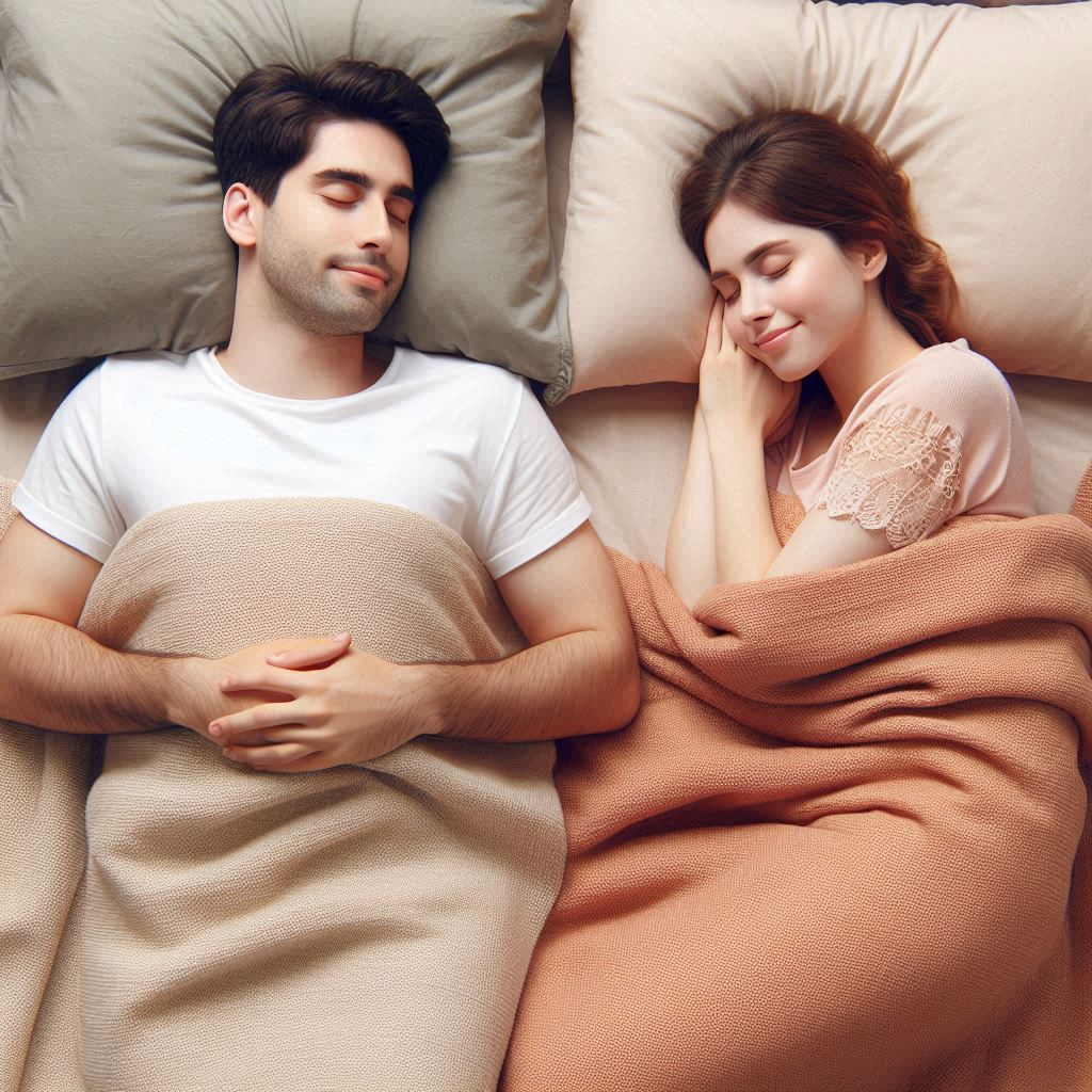 夫婦が仲良くそれぞれの毛布を使って寝ている