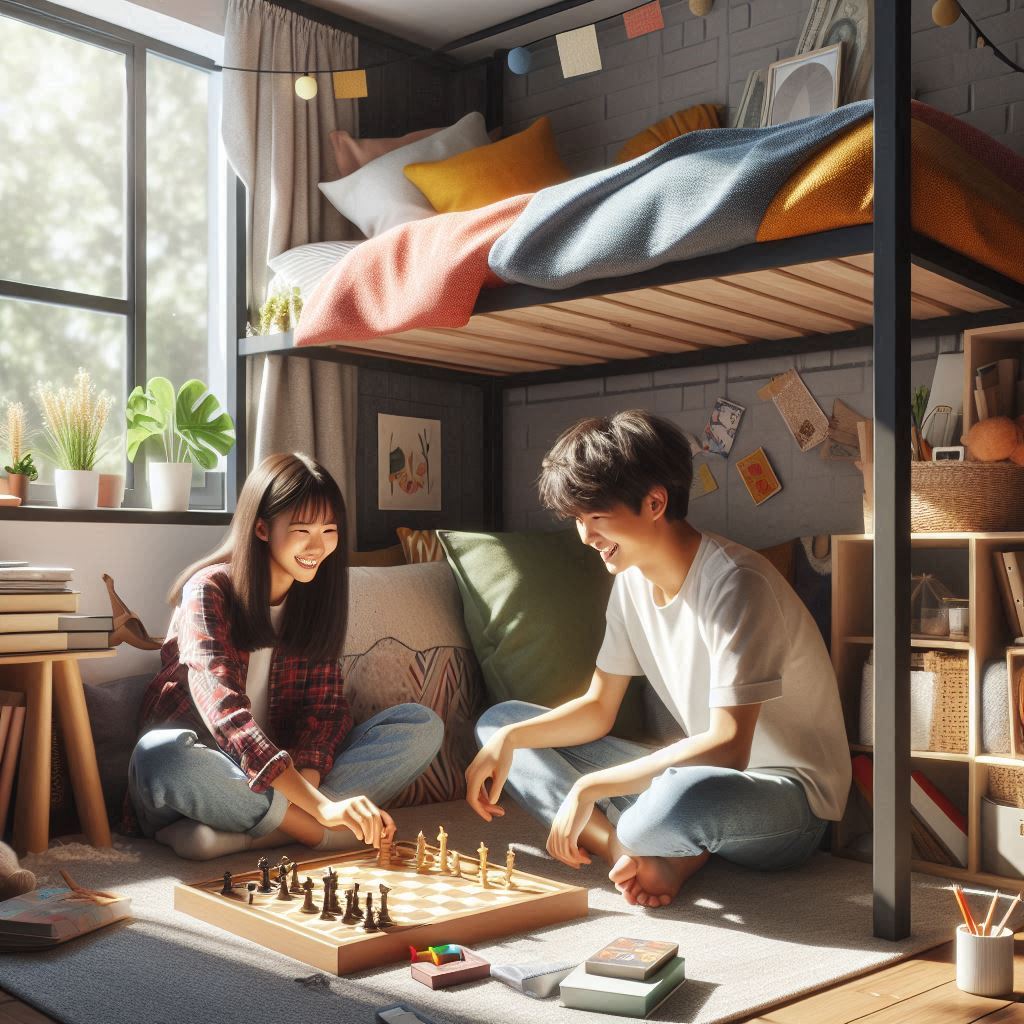 一人暮らしの大学生が狭い部屋にロフトベッドを置いて、彼女と遊んでいる