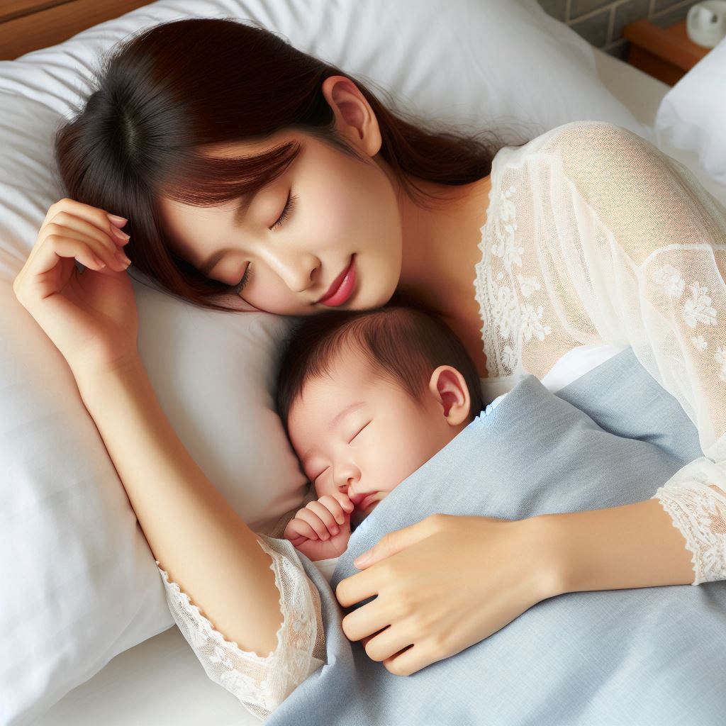ベッドで赤ちゃんと添い寝をしている