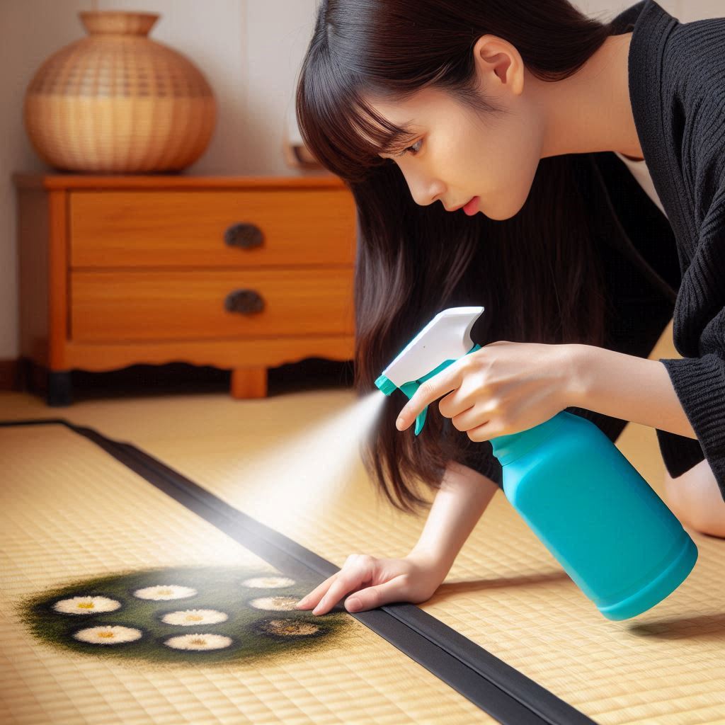 畳の端にわずかにカビが生えいてるので、スプレーをしている女性