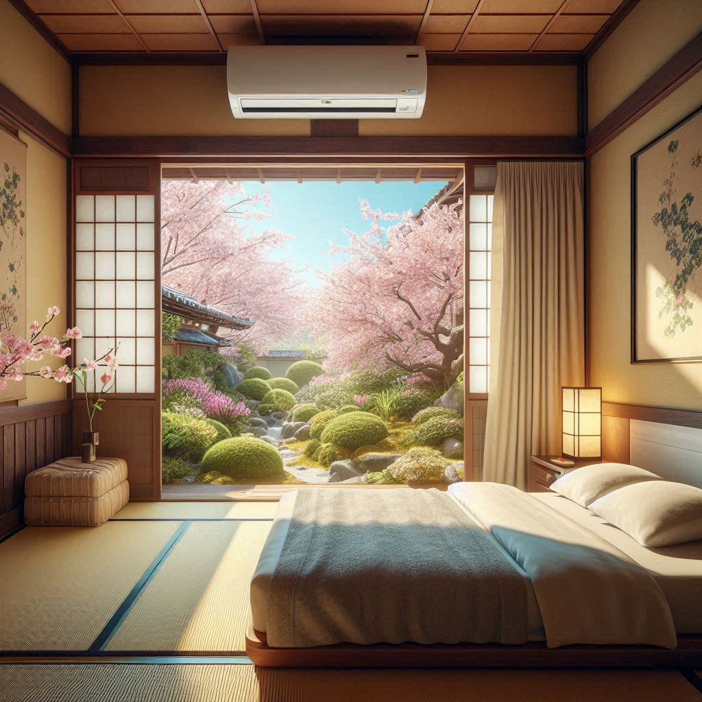 ベッドがある畳の部屋でエアコンをつけている