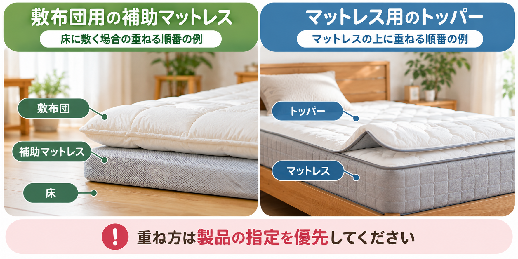 敷布団用の補助マットレスとトッパーの重ねる順番